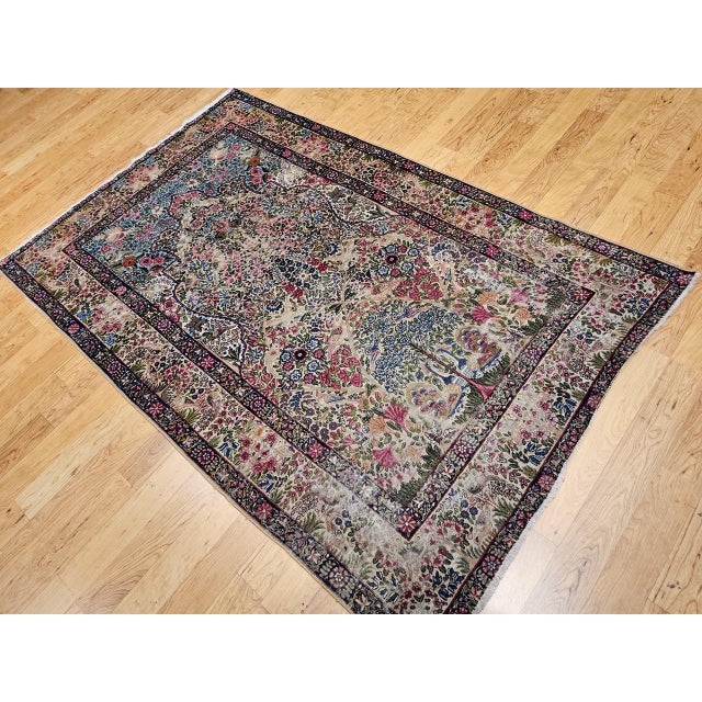 Antique Persian Kerman Lavar Rug, Hand-Knotted Wool, Tree of Life Pattern, Ivory & Turquoise, 5x8 For Sale - Image 4 of 14