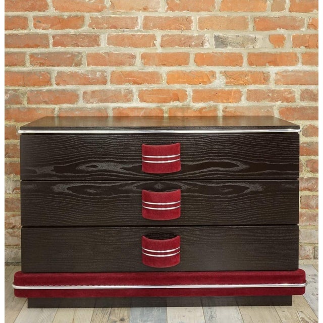 Italian design chest of drawers from the 70s, black wood, chrome trim and absolutely adorable raspberry velvet half-moon...