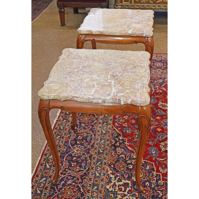 Brown Pair of Vintage Marble Top Walnut Louis XV French Style End Tables For Sale - Image 8 of 15