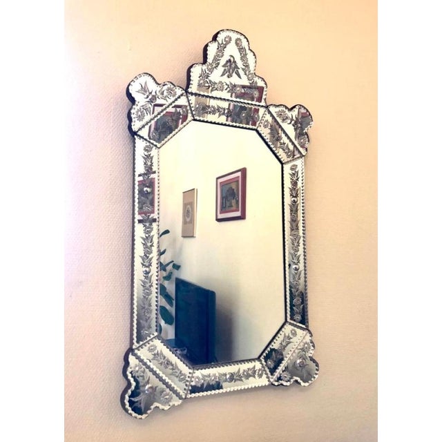 Antique Venetian Opulent Murano Glass Mirror with Engravings and Beveled Edges, 1920s For Sale - Image 3 of 11