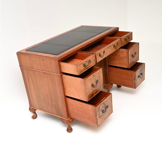 Antique Burr Walnut Pedestal Desk with Leather Top, 1930 For Sale - Image 3 of 9