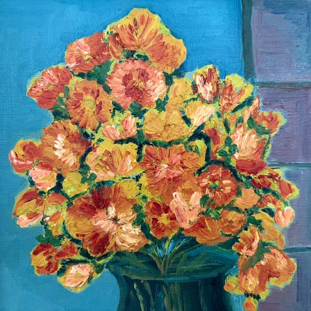 1970s Floral Still Life Original Oil Painting in Silvered Aqua Frame For Sale - Image 5 of 7