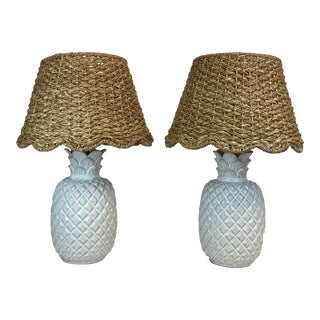 Vintage Trompe L’Oeil Ceramic Pineapple Table Lamps, New Scalloped Wicker Shades - a Pair For Sale