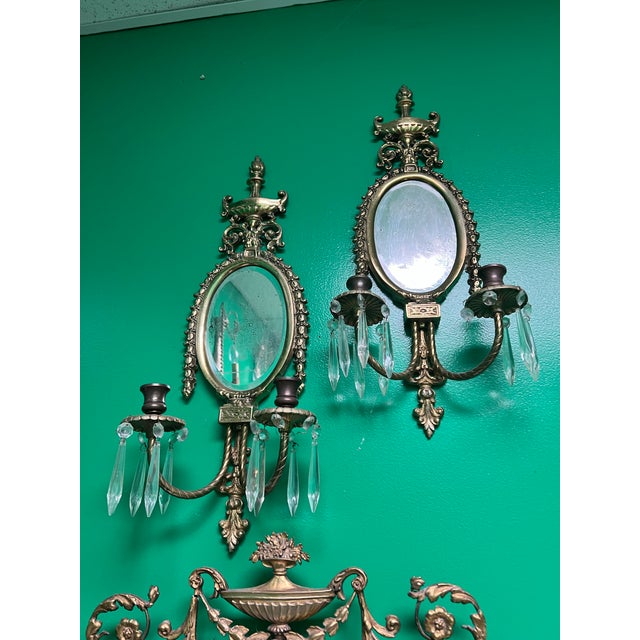 1970s Pair of Vintage Brass and Crystal French Mirrored Candle Wall Sconces For Sale - Image 5 of 5