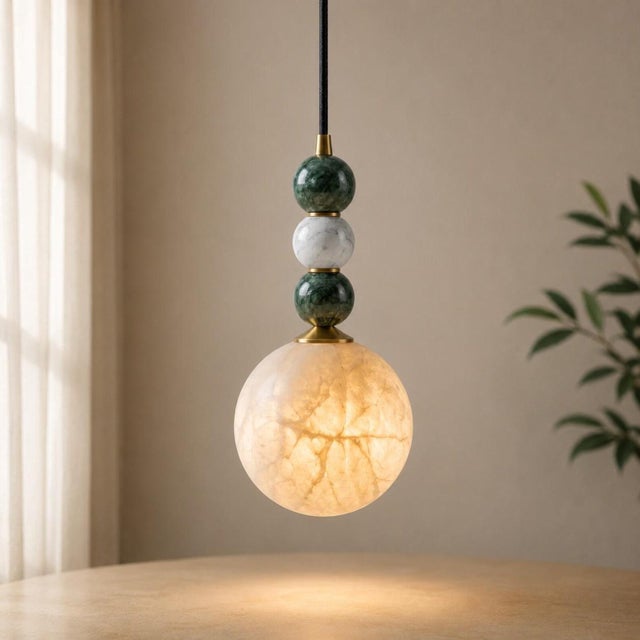 Modern Handcrafted Brass 2-Light Pendant With Natural Alabaster Globe Shades, Dining & Kitchen Island Light For Sale - Image 3 of 7