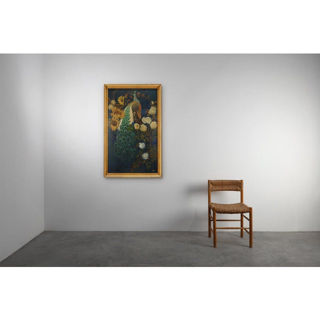 1950s Belgian Artist, Hollywood Regency Style Peacock with Roses, 1950s, Oil on Canvas, Framed For Sale - Image 5 of 11
