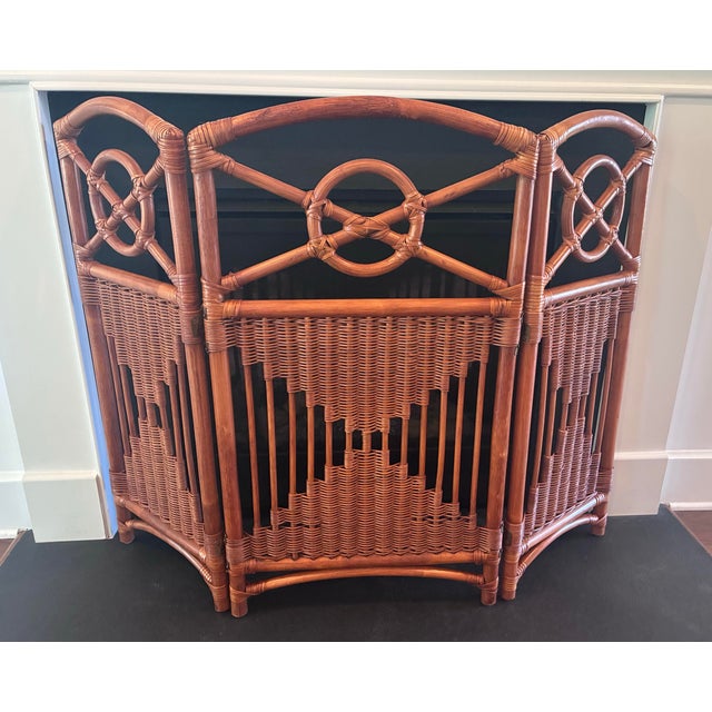 Hollywood Regency 1940's Bamboo and Rattan Woven Wicker Folding 3 Panel Fireplace Screen For Sale - Image 3 of 12