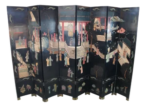 Chinese Coromandel Black Lacquer 8 Panel Folding Screen Room Divider 128"