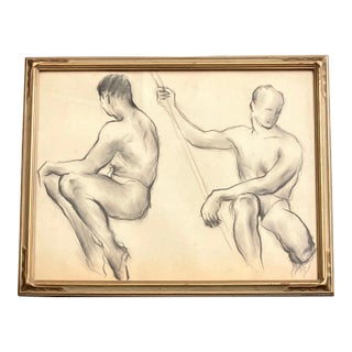 1930’s Original Double Male Nude Charcoal Study Drawing Period Frame For Sale