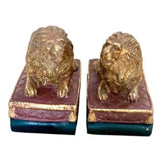 Pair of 1950s Gilt Lion Bookends For Sale