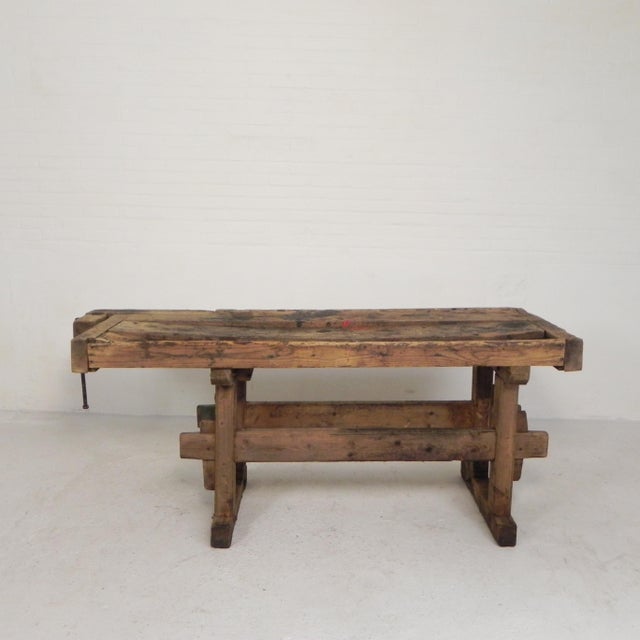 Industrial Wooden Workbench with Vice, 1930s For Sale - Image 9 of 18