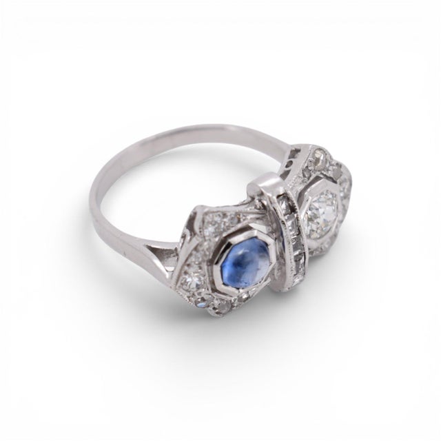 Metal 1920s French Art Deco "Toi Et Moi" Ring – Sapphire, Diamonds, Size 6.75 For Sale - Image 7 of 8