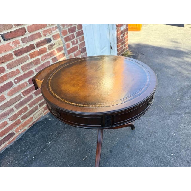 Mid 20th Century Vintage Federal Style Spider Leg Leather Top Drum Table For Sale - Image 5 of 12