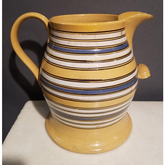 Large Mocha Yellow Ware Jug With Blue, White and Brown Slip Bands and Shell Grip For Sale - Image 9 of 10