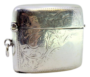 Curved Silver Matchbox with Engraved Plant Motifs and Monogram Card