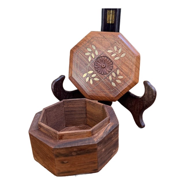 Indian Rosewood Octagonal Wood Trinket Box Brass Inlay Floral Carved India 4in For Sale