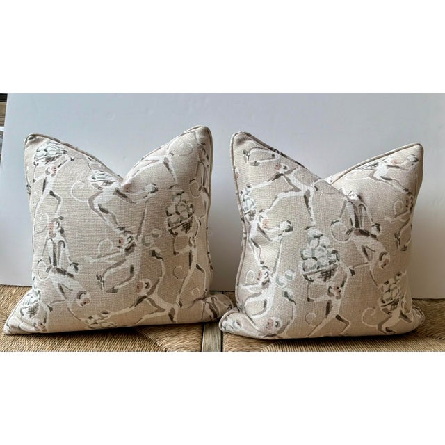 Stylish Beige Taupe and Cream Linen Monkey Pillows Pair, down filled, showroom floor sample