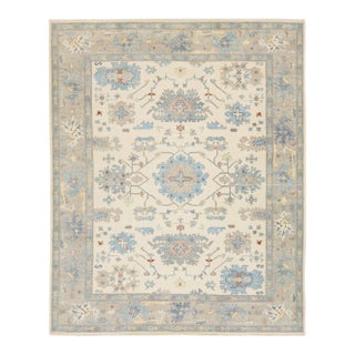 12x15 Modern Oushak Style Hand-Knot Wool Area Rug in Soft Slate Blue and Beige For Sale