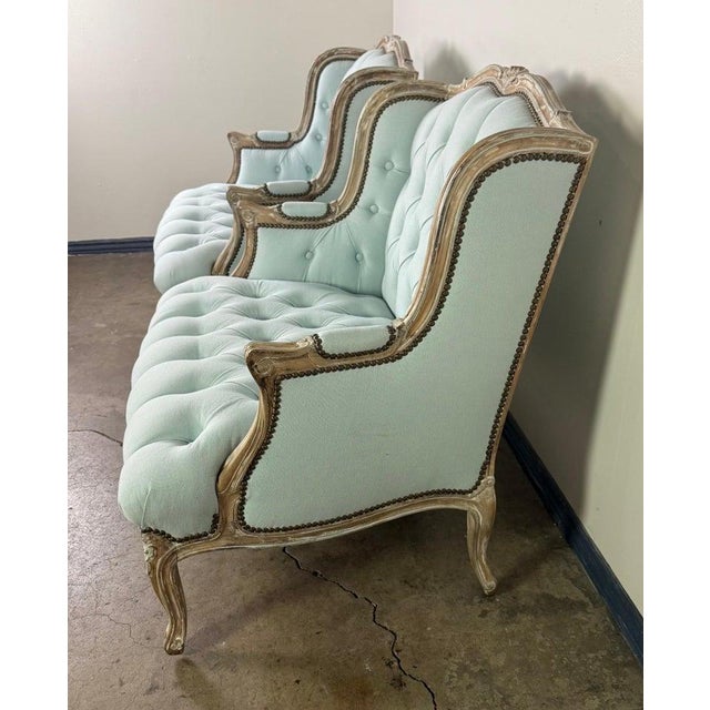 Early 20th Century Pair of Louis XV Style French Bergères – Pale Blue Linen For Sale - Image 5 of 15