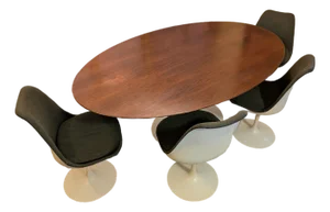 Early 1960s Knoll Saarinen Conference Table & 4 Tulip Chairs – Solid Walnut Top, Cast Iron Base, Original Knoll Labels