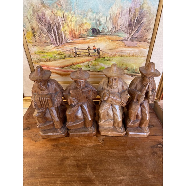 Vintage Hand-Carved Wood Folk Art Musician Figurines, Set of 4 Seated Players For Sale In Seattle - Image 6 of 11