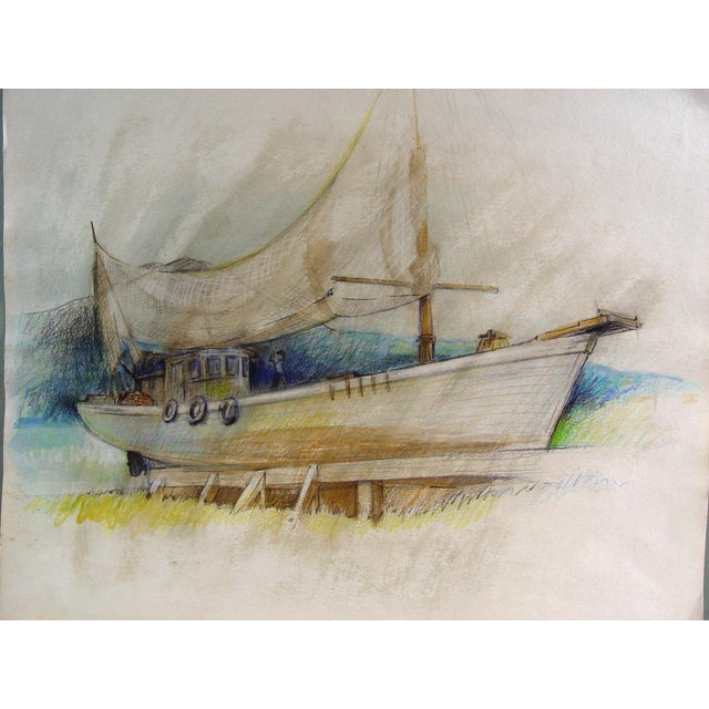 Mid 20th century oil pastel on paper study of a ship in dry dock. Unsigned. Unframed.