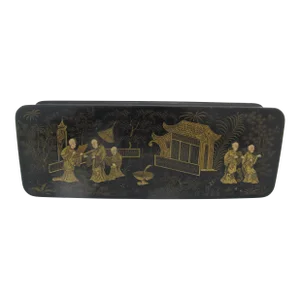 Vintage Japanese Lacquer Hinged Lid Box With Intricate Gilt Figural Scene
