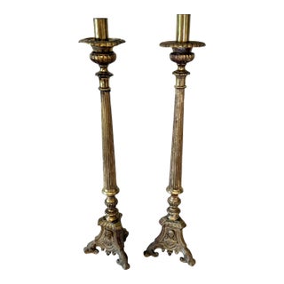 Antique European Church Altar Brass Candlesticks With Cameos, a Pair For Sale