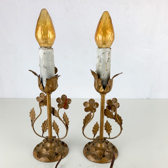 Incredible pair of vintage tole floral mini table lamps. Both work. Metal floral bases and arms. Incredible detailed...
