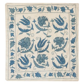 20"x20" 100% Silk Cushion Cover. Hand-Embroidered Pillowcase. Blue Lace Pillow For Sale