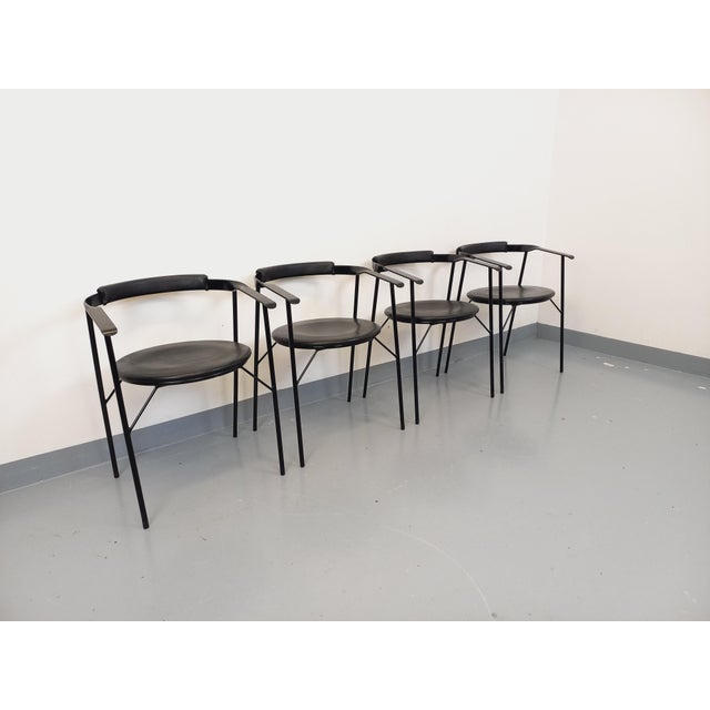 Vintage Italian Armchairs in Black Metal and Black Imitation Leather, 1980s, Set of 4 For Sale - Image 9 of 18