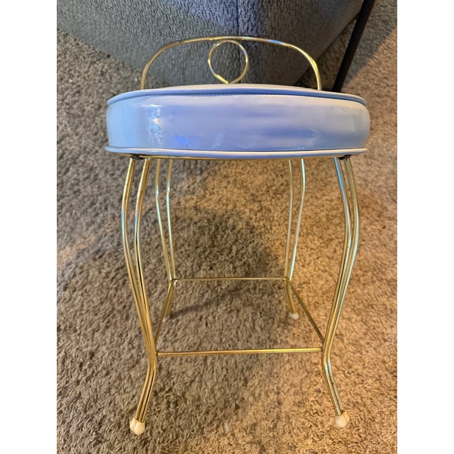 Blue Vintage Mid-Century Hollywood Regency Brass Vanity Chair Stool - Pastel Blue Vinyl - George Koch Sons For Sale - Image 8 of 12