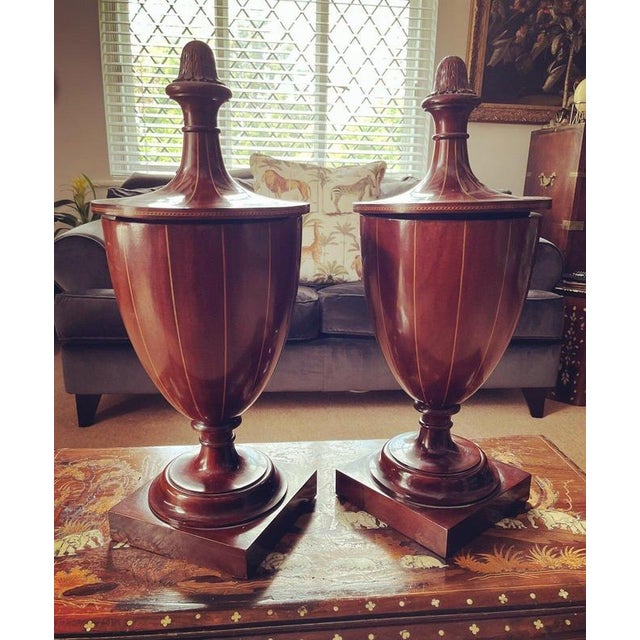 Pair Of Antique Inlaid Mahogany Cutlery Urns. Superb Quality indeed. The bases are 21 cms by 21 cms The diameter of the...