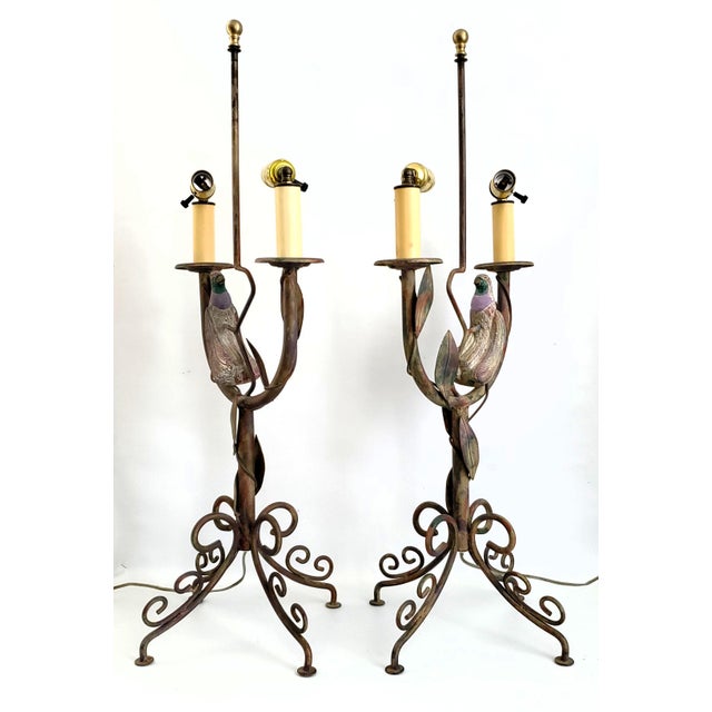 Metal Large Lamps Rustic Plaster Parrots & Shades Pair For Sale - Image 7 of 13