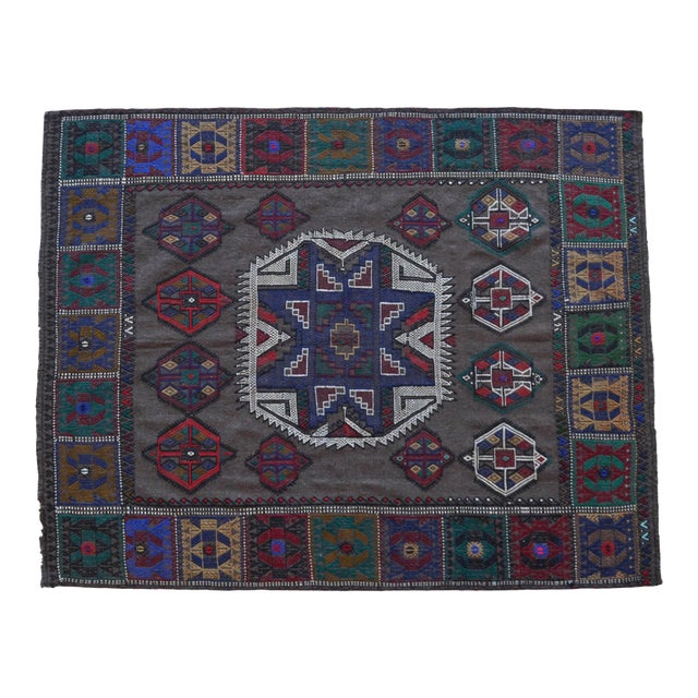 Vintage Sofreh Aghd Wedding Spread, Embroidered Tablecloth, Unique Turkish Rug Table Decor 4x6 Ft Approx For Sale