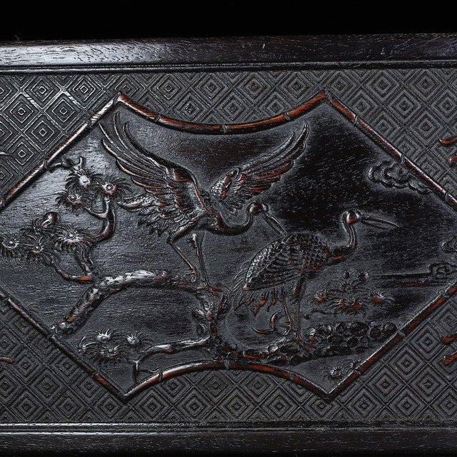 19Large Hand-Carved Dark Wood Treasure Box With Brass Hardware & Landscape Motif For Sale - Image 4 of 9