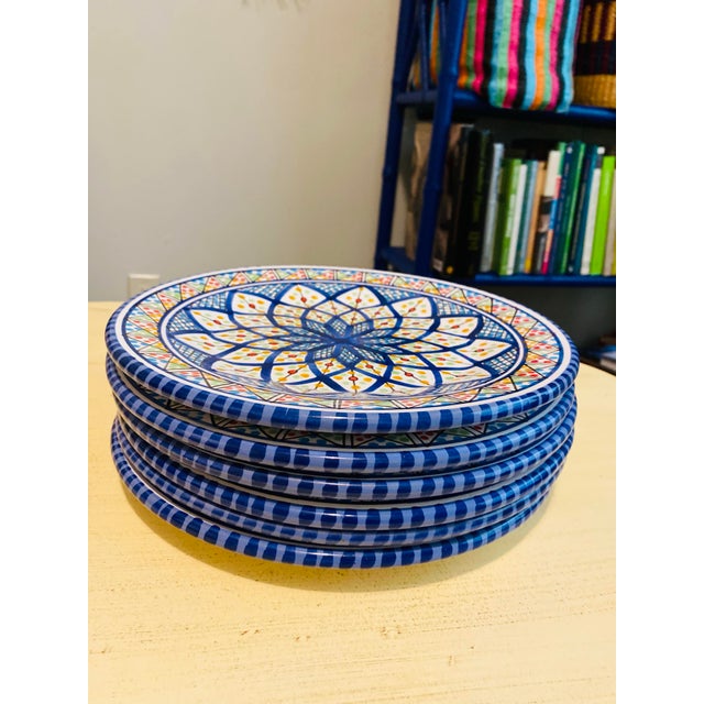 1990s Moroccan Tunisian Ceramic Hand Painted Large Plates- Set of 6 For Sale In Miami - Image 6 of 11
