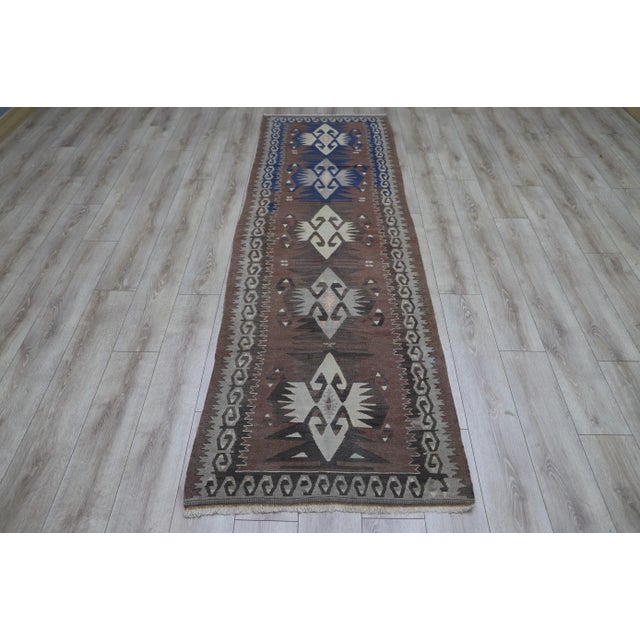 1980s Tribal Brown Handmade Runner Kelim For Sale - Image 10 of 10