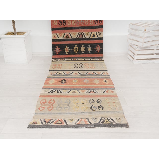 Beige 1960 Vintage Turkish Kilim Runner Rug, Handwoven Wool Hallway Runner, Tribal Boho Kitchen Rug, Geometric Anatolian Area Rug For Sale - Image 8 of 8