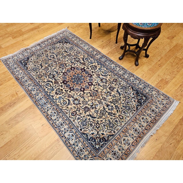 Persian Vintage Persian Nain Area Rug, Hand-Knotted Wool & Silk, Floral Pattern, 4x7, Ivory & Blue For Sale - Image 3 of 17