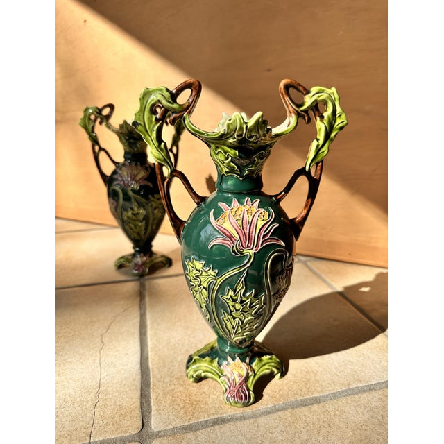 A pair of fine Art Nouveau porcelain vases, manufactured around 1910 by the renown Julius Dressler Porcelain, Majolica,...