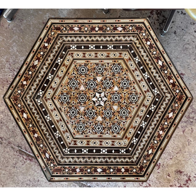 Vintage Marquetry Wood Inlay With Mother-of-Pearl Hexagonal Side Table For Sale In Los Angeles - Image 6 of 8