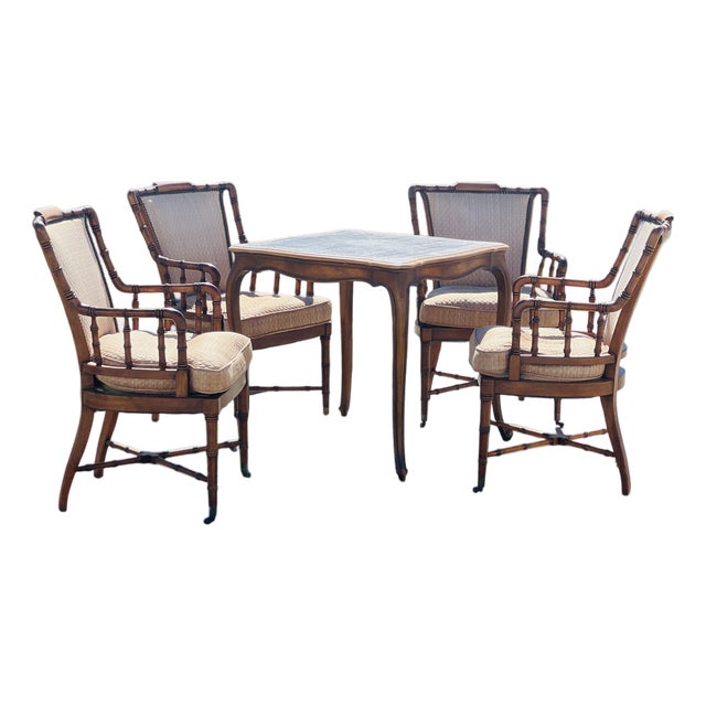 Kittinger Style Faux Bamboo Chairs and Petite Game Table For Sale
