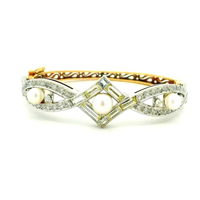 Vintage French Diamond and Pearl Bracelet, 14k Gold & Platinum, Circa 1950s For Sale - Image 11 of 15
