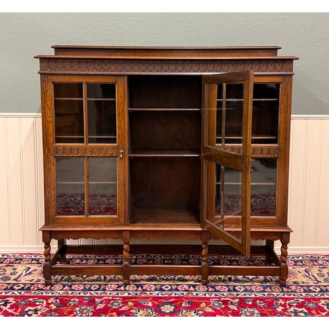 Antique English Jacobean Bookcase Bookshelf Cabinet Triple Glass Door Oak C1930s For Sale - Image 9 of 18