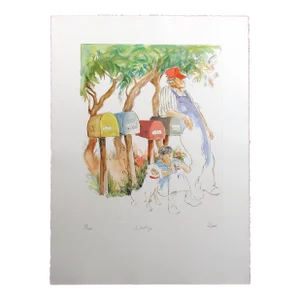William Papas "Waiting" Hand Colored Etching Artwork, Mailbox