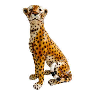 Vintage Large Scale Italian Glazed Porcelain Standing Leopard Statue For Sale