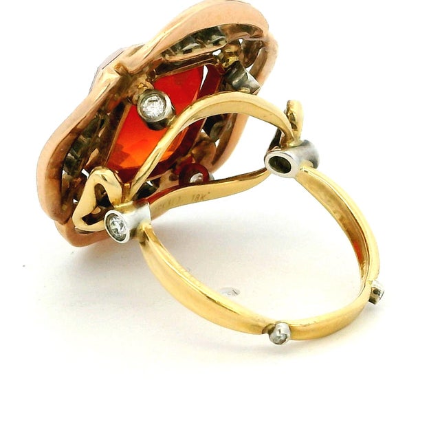Burnt Orange Arthur King & Ilias Lalaounis (Ark & Lj) 18k Gold Fire Opal and Diamond Ring, c.1960s, Size 6.75 For Sale - Image 8 of 17