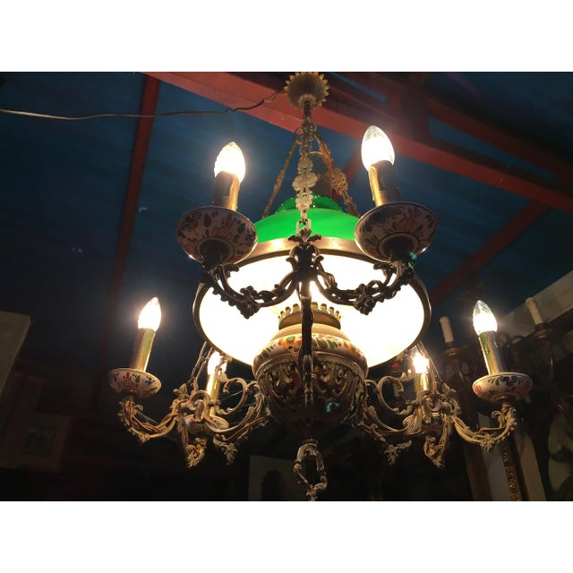Beautiful hanging ceiling lamp in the style of glass, metal, hand-painted ceramics from the 1950s. Dimensions: height...