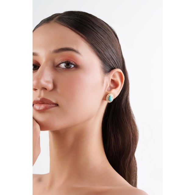 3.97Carat Turquoise & Diamond Double Halo Statement Earrings in 14k Gold- A Pair For Sale - Image 9 of 14